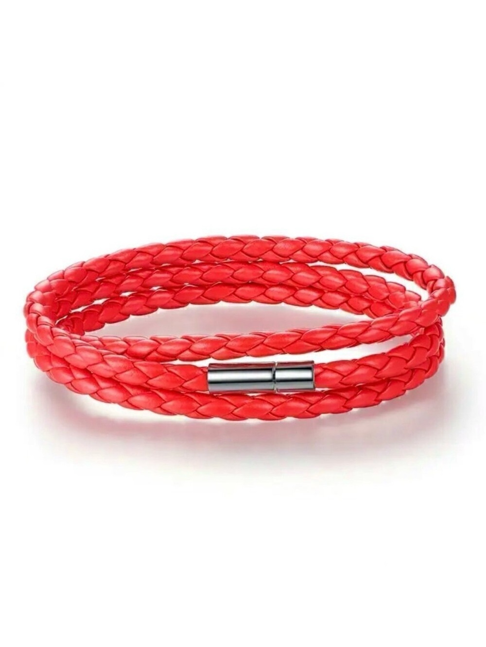 New Red Leather Braided Wrap Bracelet Silver Clasp Unisex Grunge Hippie
